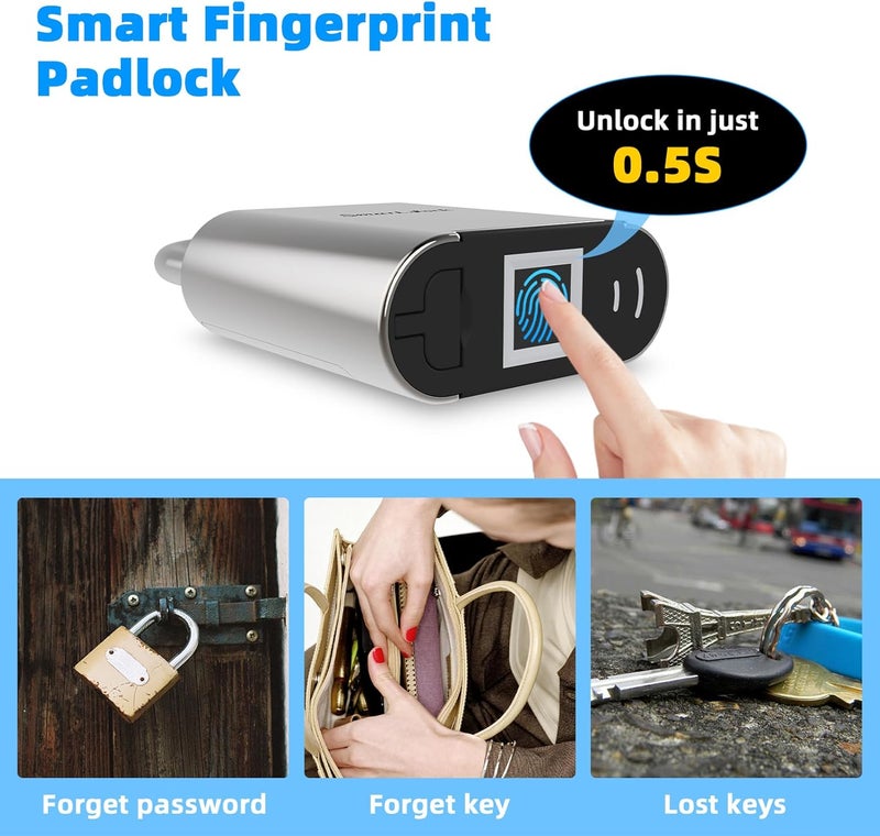 KENRONE Fingerprint Padlock, Biometric Smart Lock, Silver, Waterproof Locker Lock for Gym, School, Sports Ground - Image 2